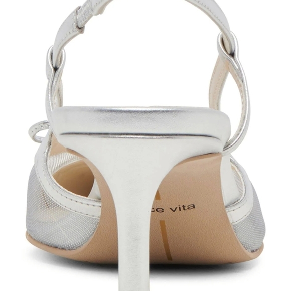 🩶🔹️Dolce Vita🔹️ KANDI Heels Silver Mesh Pointed Toe Bow Kitten Heel Slingback - Picture 4 of 8